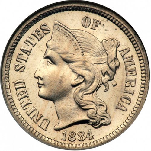 3 cent Obverse Image minted in UNITED STATES in 1884   - The Coin Database