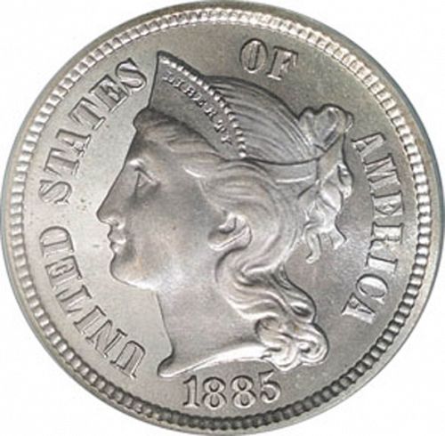 3 cent Obverse Image minted in UNITED STATES in 1885   - The Coin Database