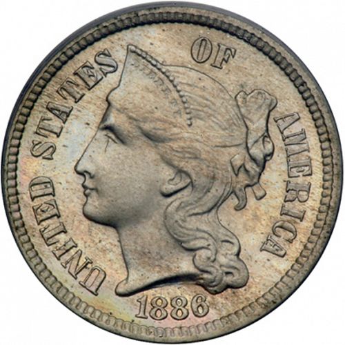3 cent Obverse Image minted in UNITED STATES in 1886   - The Coin Database