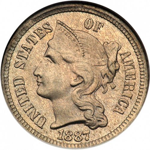 3 cent Obverse Image minted in UNITED STATES in 1887   - The Coin Database