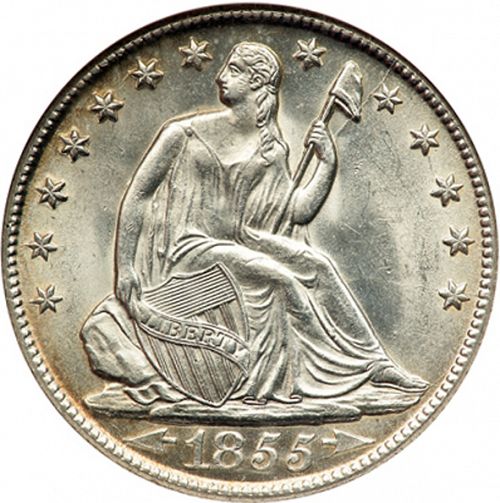 50 cent Obverse Image minted in UNITED STATES in 1855O (Seated Liberty - Reverse rays removed)  - The Coin Database