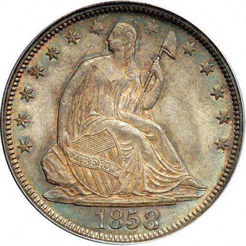 50 cent Obverse Image minted in UNITED STATES in 1858 (Seated Liberty - Arrows at date removed)  - The Coin Database