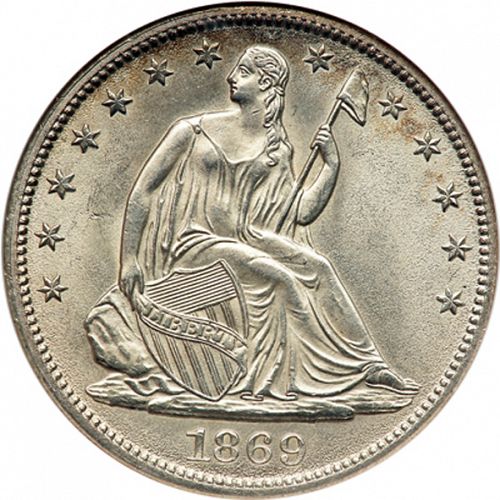 50 cent Obverse Image minted in UNITED STATES in 1869 (Seated Liberty - Motto above eagle)  - The Coin Database