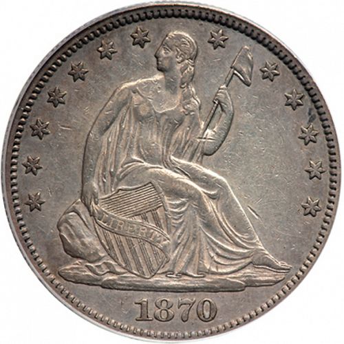 50 cent Obverse Image minted in UNITED STATES in 1870CC (Seated Liberty - Motto above eagle)  - The Coin Database