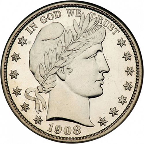 50 cent Obverse Image minted in UNITED STATES in 1908 (Barber)  - The Coin Database