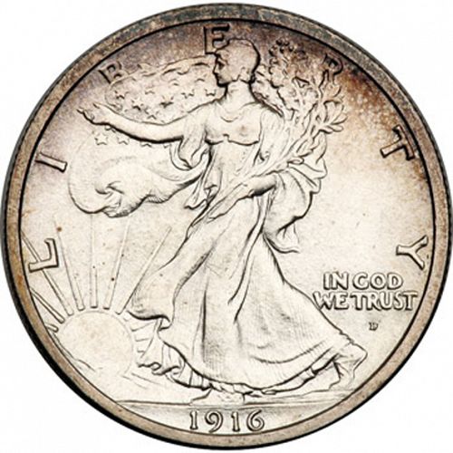 50 cent Obverse Image minted in UNITED STATES in 1916D (Walking Liberty - Mintmark on obverse)  - The Coin Database