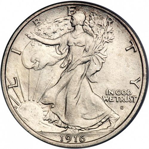 50 cent Obverse Image minted in UNITED STATES in 1916S (Walking Liberty - Mintmark on obverse)  - The Coin Database