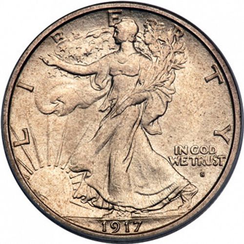 50 cent Obverse Image minted in UNITED STATES in 1917S (Walking Liberty - Mintmark on obverse)  - The Coin Database