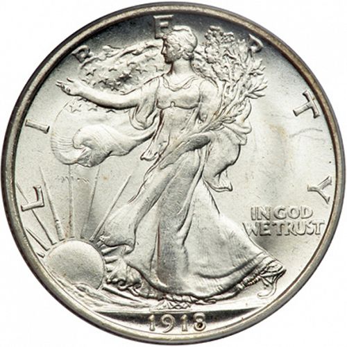 50 cent Obverse Image minted in UNITED STATES in 1918 (Walking Liberty - Mintmark on reverse)  - The Coin Database