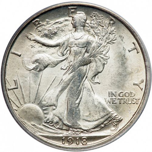 50 cent Obverse Image minted in UNITED STATES in 1918D (Walking Liberty - Mintmark on reverse)  - The Coin Database