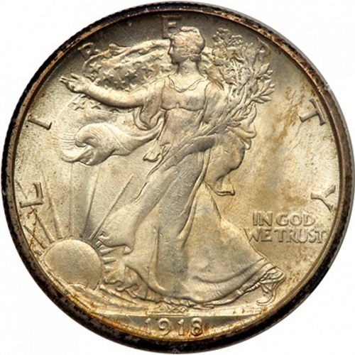 50 cent Obverse Image minted in UNITED STATES in 1918S (Walking Liberty - Mintmark on reverse)  - The Coin Database