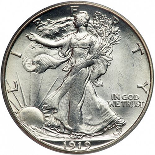 50 cent Obverse Image minted in UNITED STATES in 1919S (Walking Liberty - Mintmark on reverse)  - The Coin Database