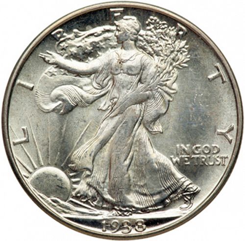 50 cent Obverse Image minted in UNITED STATES in 1938D (Walking Liberty - Mintmark on reverse)  - The Coin Database