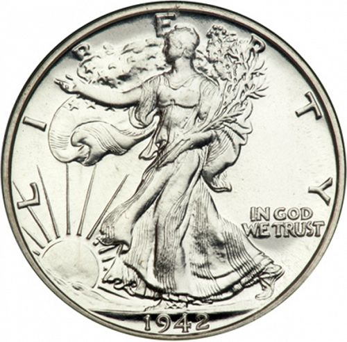 50 cent Obverse Image minted in UNITED STATES in 1942 (Walking Liberty - Mintmark on reverse)  - The Coin Database