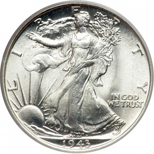 50 cent Obverse Image minted in UNITED STATES in 1943 (Walking Liberty - Mintmark on reverse)  - The Coin Database