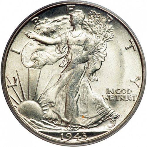 50 cent Obverse Image minted in UNITED STATES in 1943S (Walking Liberty - Mintmark on reverse)  - The Coin Database