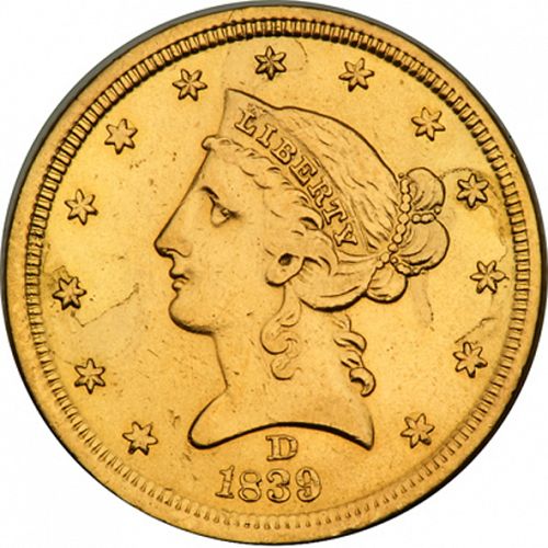 5 dollar Obverse Image minted in UNITED STATES in 1839D (Coronet Head - No motto)  - The Coin Database