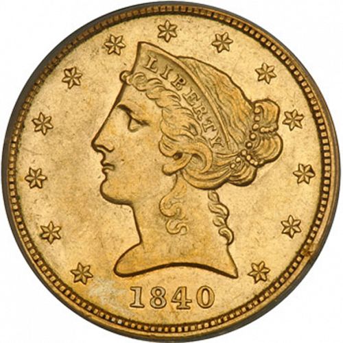 5 dollar Obverse Image minted in UNITED STATES in 1840 (Coronet Head - No motto)  - The Coin Database
