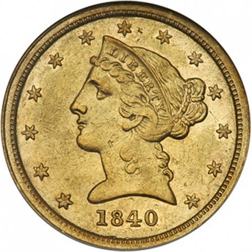 5 dollar Obverse Image minted in UNITED STATES in 1840C (Coronet Head - No motto)  - The Coin Database