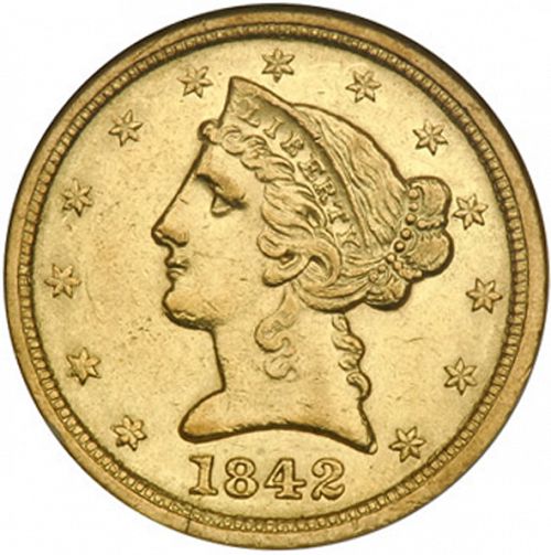 5 dollar Obverse Image minted in UNITED STATES in 1842C (Coronet Head - No motto)  - The Coin Database