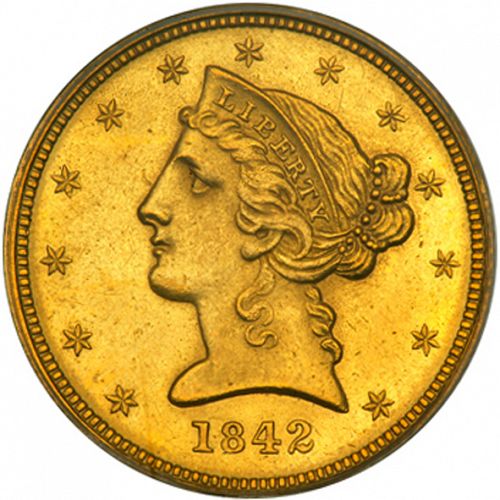 5 dollar Obverse Image minted in UNITED STATES in 1842D (Coronet Head - No motto)  - The Coin Database