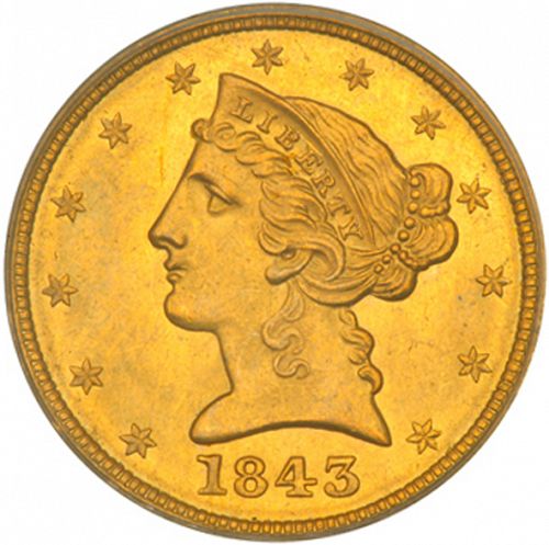 5 dollar Obverse Image minted in UNITED STATES in 1843 (Coronet Head - No motto)  - The Coin Database