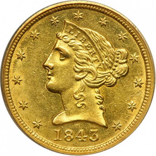 5 dollar Obverse Image minted in UNITED STATES in 1843D (Coronet Head - No motto)  - The Coin Database