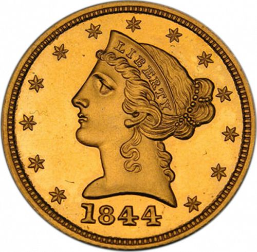 5 dollar Obverse Image minted in UNITED STATES in 1844 (Coronet Head - No motto)  - The Coin Database