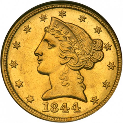 5 dollar Obverse Image minted in UNITED STATES in 1844C (Coronet Head - No motto)  - The Coin Database