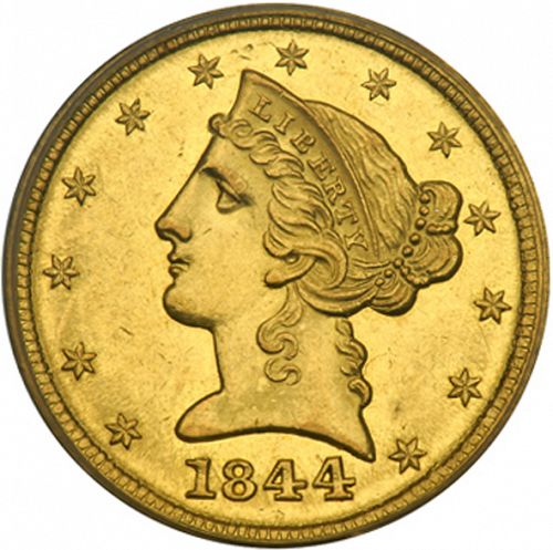 5 dollar Obverse Image minted in UNITED STATES in 1844D (Coronet Head - No motto)  - The Coin Database
