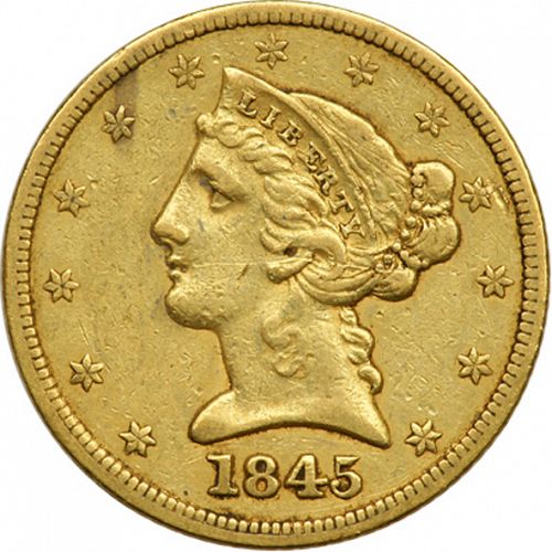 5 dollar Obverse Image minted in UNITED STATES in 1845 (Coronet Head - No motto)  - The Coin Database
