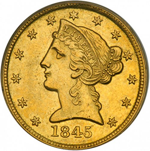 5 dollar Obverse Image minted in UNITED STATES in 1845D (Coronet Head - No motto)  - The Coin Database