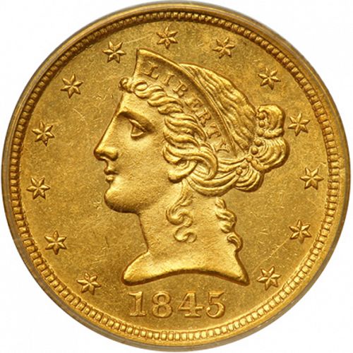 5 dollar Obverse Image minted in UNITED STATES in 1845O (Coronet Head - No motto)  - The Coin Database