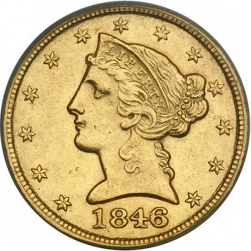 5 dollar Obverse Image minted in UNITED STATES in 1846C (Coronet Head - No motto)  - The Coin Database