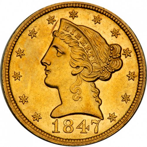 5 dollar Obverse Image minted in UNITED STATES in 1847 (Coronet Head - No motto)  - The Coin Database