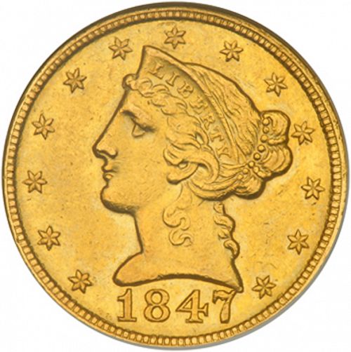 5 dollar Obverse Image minted in UNITED STATES in 1847C (Coronet Head - No motto)  - The Coin Database