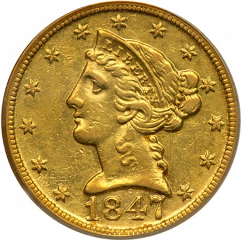 5 dollar Obverse Image minted in UNITED STATES in 1847D (Coronet Head - No motto)  - The Coin Database