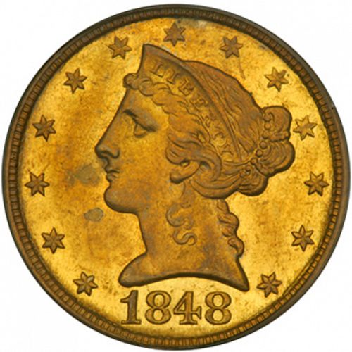 5 dollar Obverse Image minted in UNITED STATES in 1848C (Coronet Head - No motto)  - The Coin Database