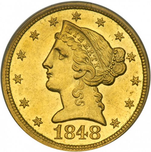 5 dollar Obverse Image minted in UNITED STATES in 1848D (Coronet Head - No motto)  - The Coin Database