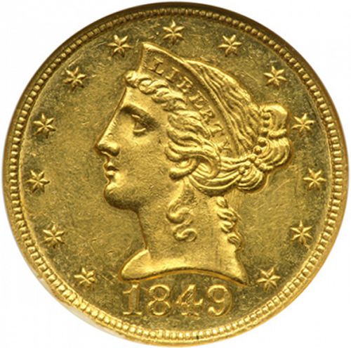5 dollar Obverse Image minted in UNITED STATES in 1849C (Coronet Head - No motto)  - The Coin Database