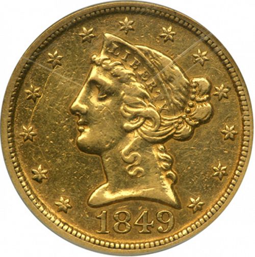 5 dollar Obverse Image minted in UNITED STATES in 1849D (Coronet Head - No motto)  - The Coin Database