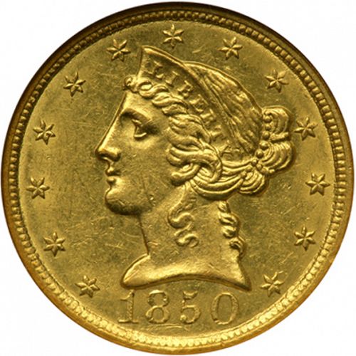 5 dollar Obverse Image minted in UNITED STATES in 1850C (Coronet Head - No motto)  - The Coin Database