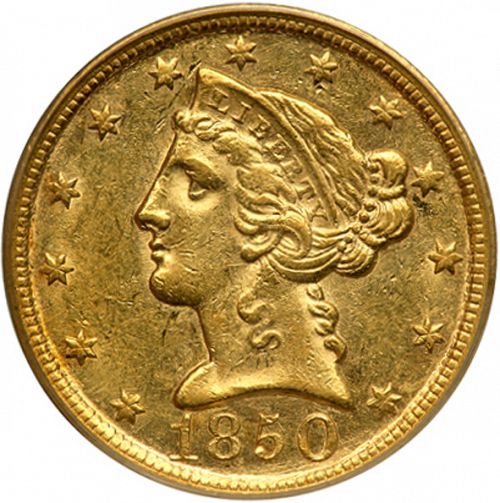 5 dollar Obverse Image minted in UNITED STATES in 1850D (Coronet Head - No motto)  - The Coin Database