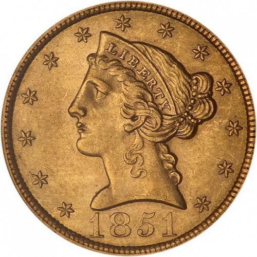 5 dollar Obverse Image minted in UNITED STATES in 1851 (Coronet Head - No motto)  - The Coin Database