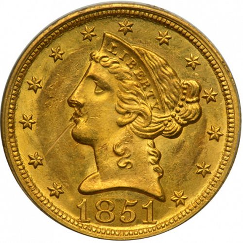 5 dollar Obverse Image minted in UNITED STATES in 1851D (Coronet Head - No motto)  - The Coin Database