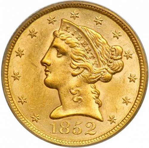 5 dollar Obverse Image minted in UNITED STATES in 1852 (Coronet Head - No motto)  - The Coin Database