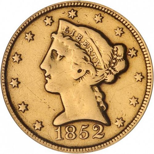 5 dollar Obverse Image minted in UNITED STATES in 1852C (Coronet Head - No motto)  - The Coin Database