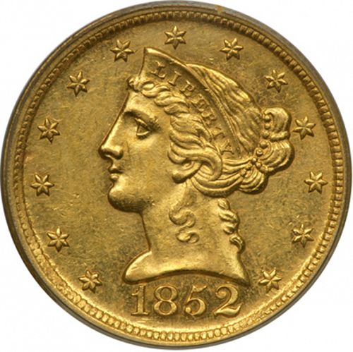 5 dollar Obverse Image minted in UNITED STATES in 1852D (Coronet Head - No motto)  - The Coin Database