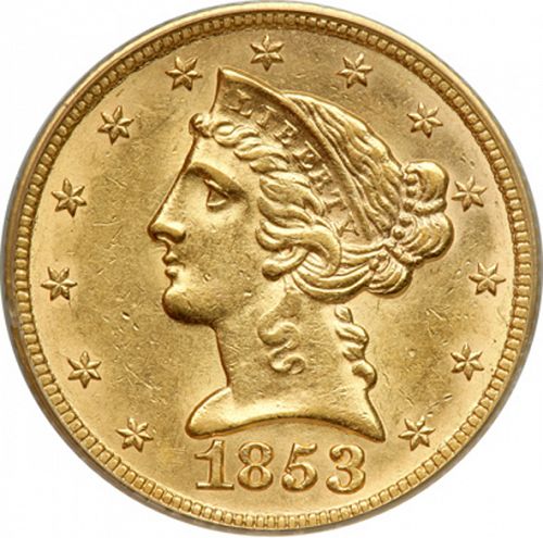 5 dollar Obverse Image minted in UNITED STATES in 1853 (Coronet Head - No motto)  - The Coin Database
