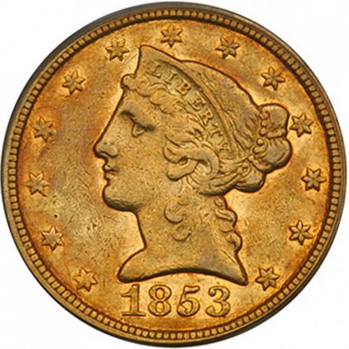5 dollar Obverse Image minted in UNITED STATES in 1853C (Coronet Head - No motto)  - The Coin Database